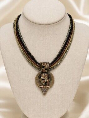 Vintage Chico's Multi-Strand Seed Bead & Chain Mosaic Pendant Necklace